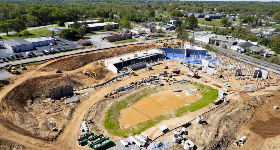 A drone image captured above downtown Spartanburg, South Carolina, showcasing the construction of the new Spartanburgers baseball field.