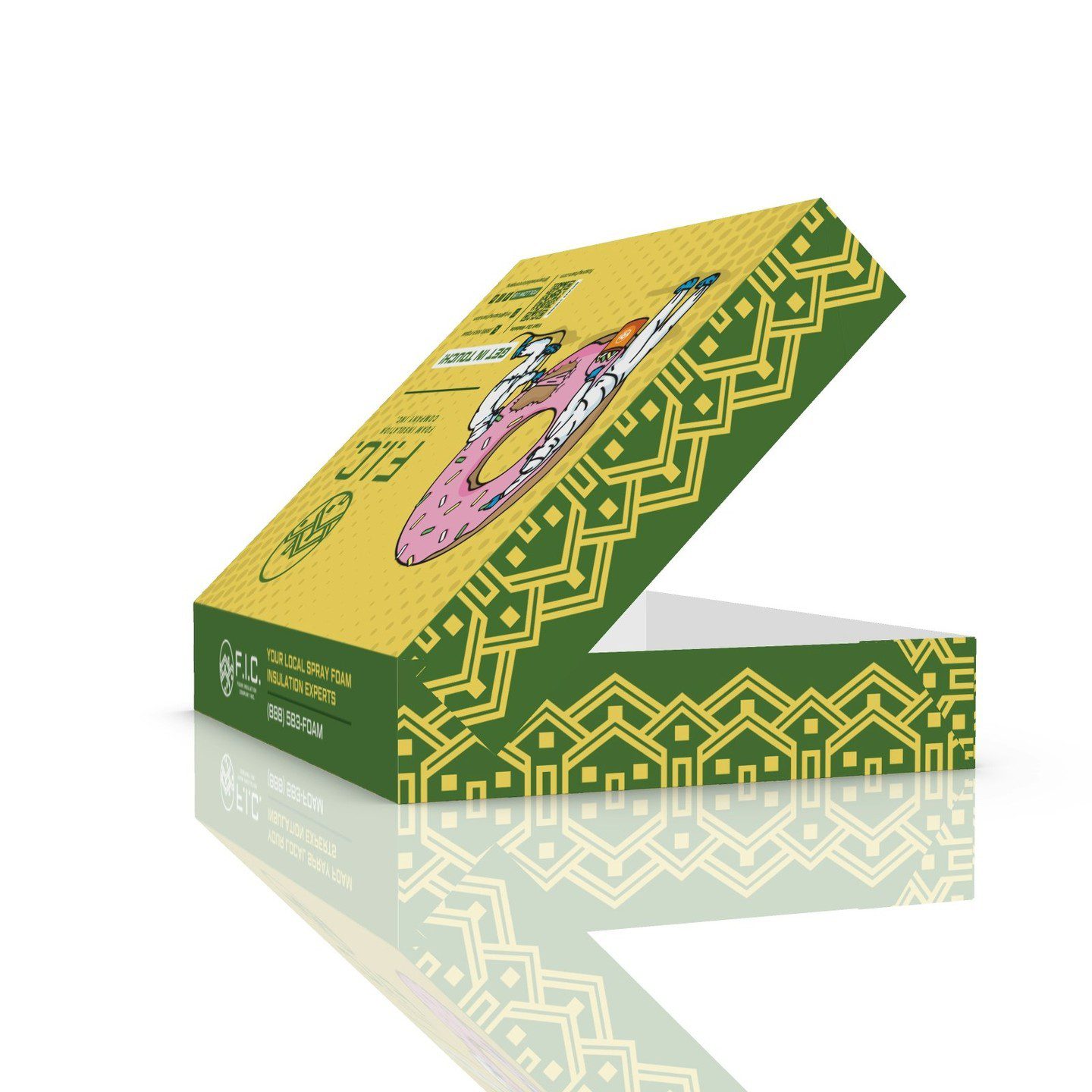 Mockup of the FIC donut boxes, featuring two workers spraying icing onto the donuts.
