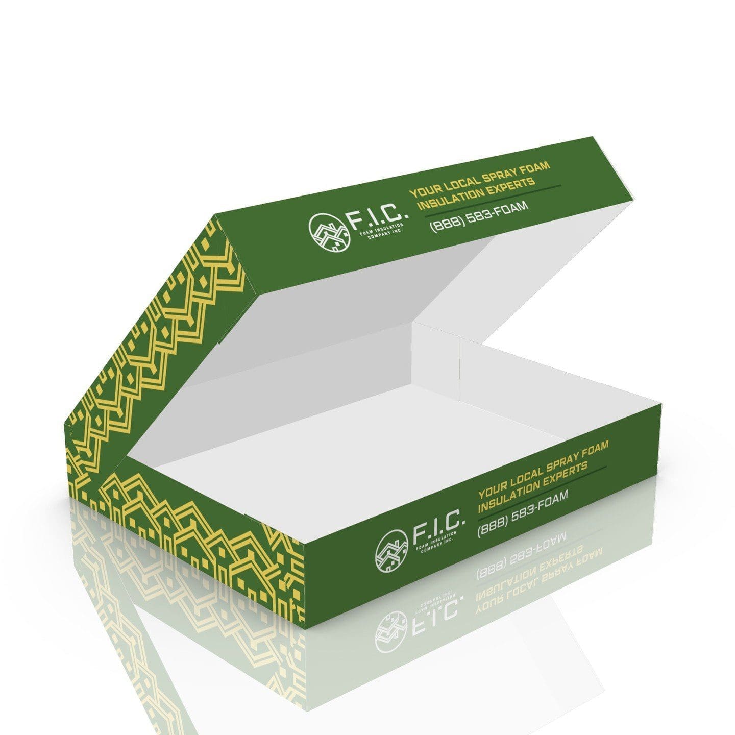 Mockup of the FIC donut boxes, featuring two workers spraying icing onto the donuts.