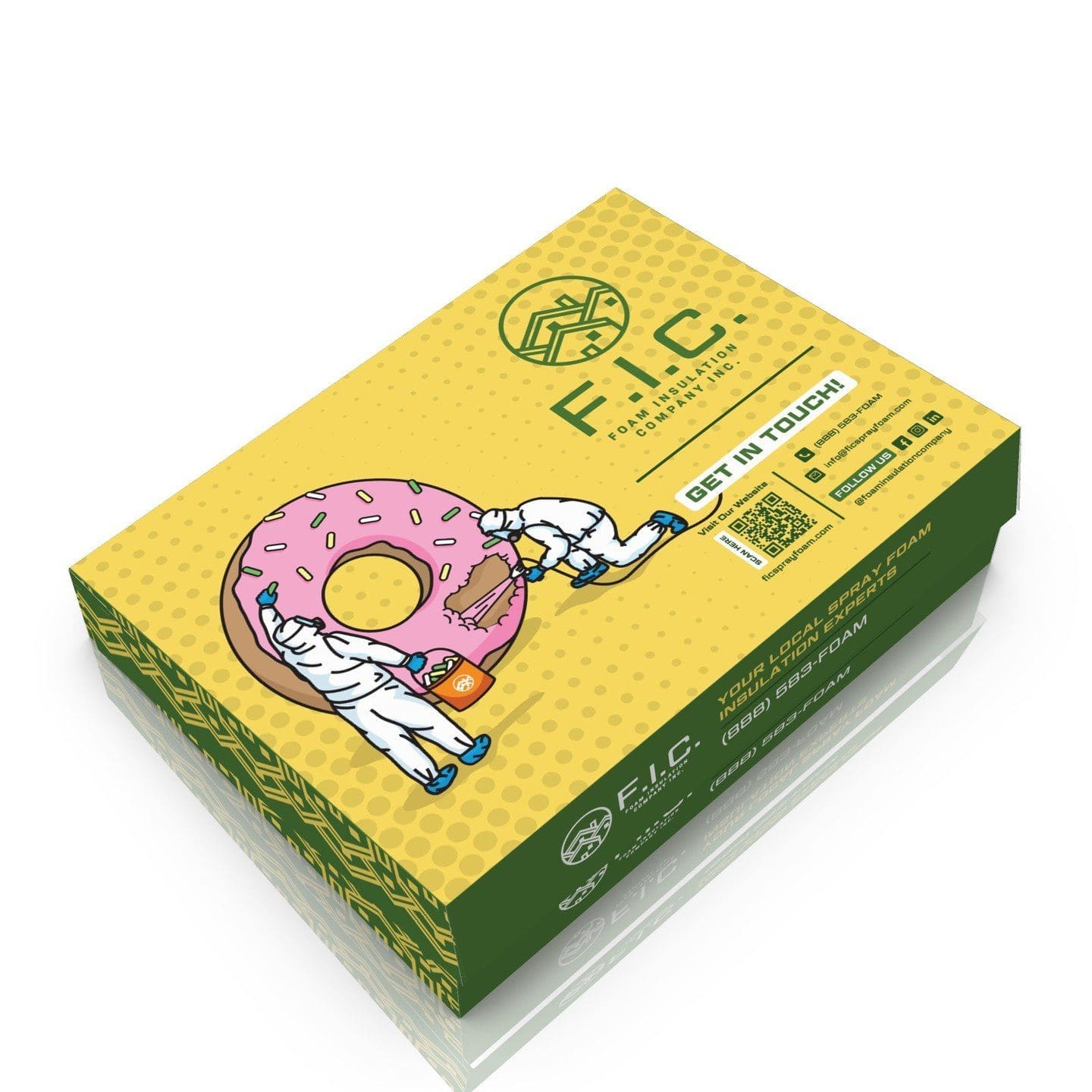 Mockup of the FIC donut boxes, featuring two workers spraying icing onto the donuts.