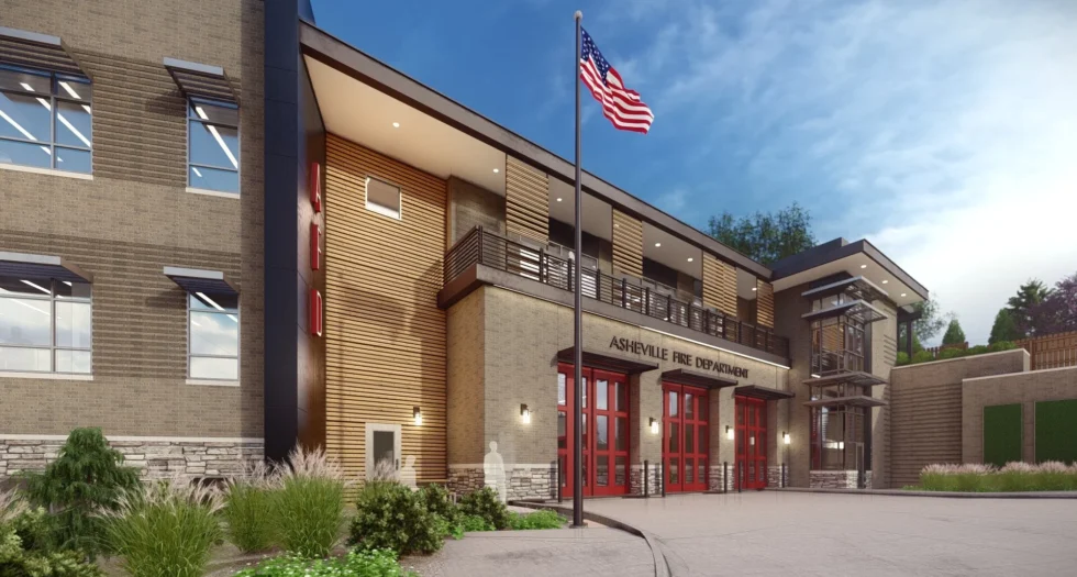 Exterior view of Fire Station 13 at Broadway Public Safety Station in Asheville, NC, showing areas sealed by F.I.C. Spray Foam’s full air seal package.