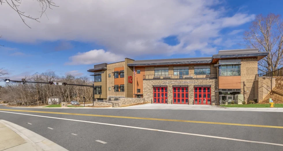 Exterior view of Fire Station 13 at Broadway Public Safety Station in Asheville, NC, showing areas sealed by F.I.C. Spray Foam’s full air seal package.