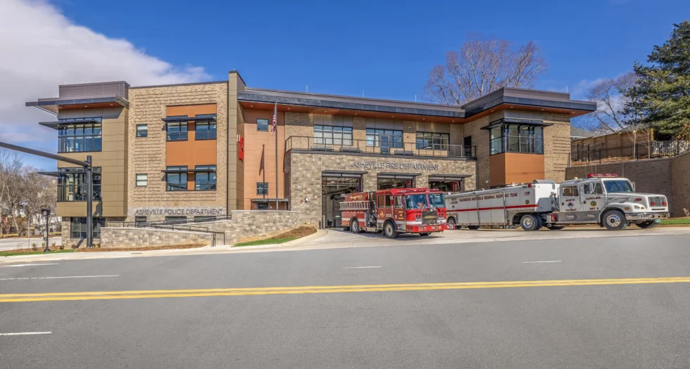 Exterior view of Fire Station 13 at Broadway Public Safety Station in Asheville, NC, showing areas sealed by F.I.C. Spray Foam’s full air seal package.