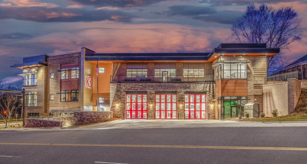 Exterior view of Fire Station 13 at Broadway Public Safety Station in Asheville, NC, showing areas sealed by F.I.C. Spray Foam’s full air seal package.