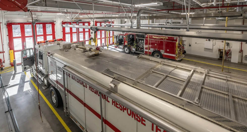 Interior view of main garage area in Fire Station 13 at Broadway Public Safety Station in Asheville, NC, showing areas sealed by F.I.C. Spray Foam’s full air seal package.