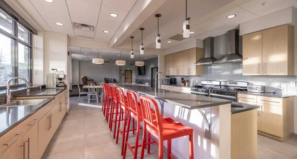 Interior view of kitchen in Fire Station 13 at Broadway Public Safety Station in Asheville, NC, showing areas sealed by F.I.C. Spray Foam’s full air seal package.